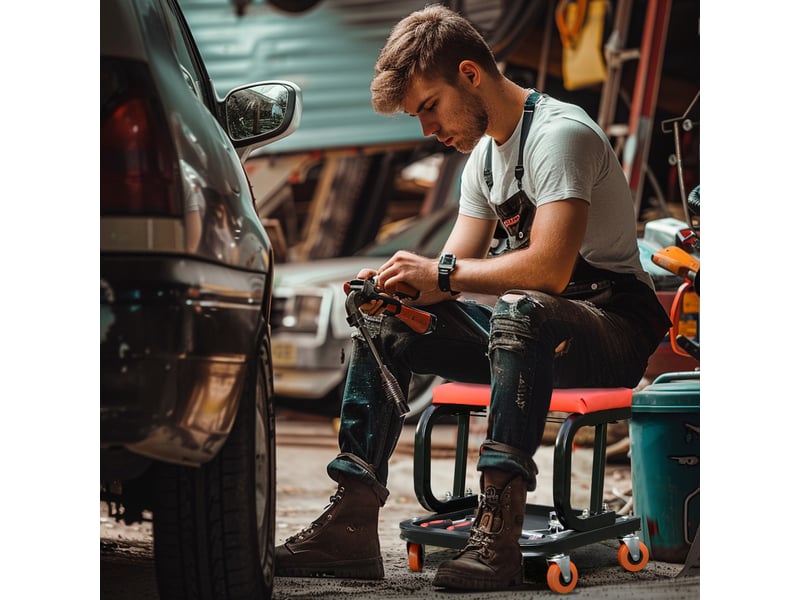  Tabouret d'atelier mobile avec roulettes et plateau pour outils avec structure en acier supportant 100 kg pour garage en rouge  - Conforama B