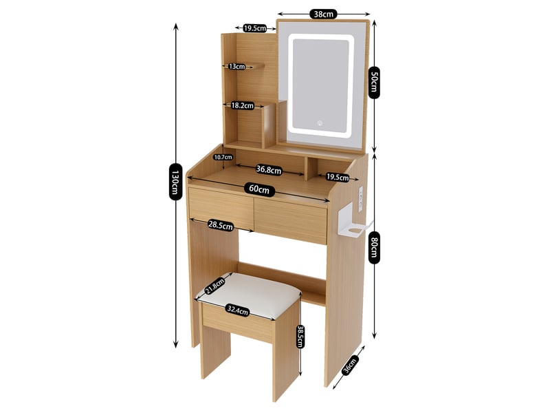  Coiffeuse avec miroir led 60x36x130 cm, prises, rangement, meuble de chambre, 2 tiroirs, tabouret, mdf, couleur naturel  - Conforama C