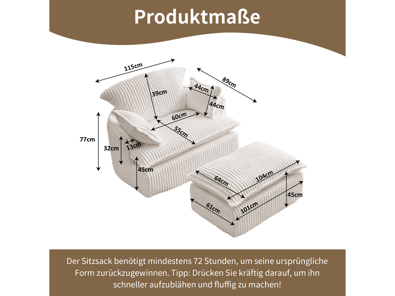 Fauteuil compresse avec repose-pieds et coussins, canapé confortable en tissu flanelle beige pour salon moderne - Conforama C