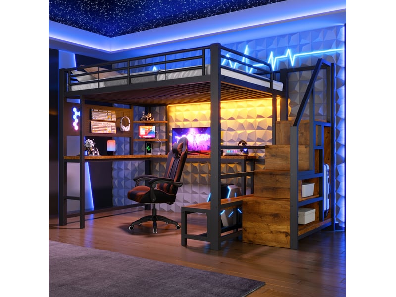  Lit mezzanine 140 × 200 cm 2 places avec bureau, rangements, led, usb et usb-c, sans matelas, métal noir  - Conforama C