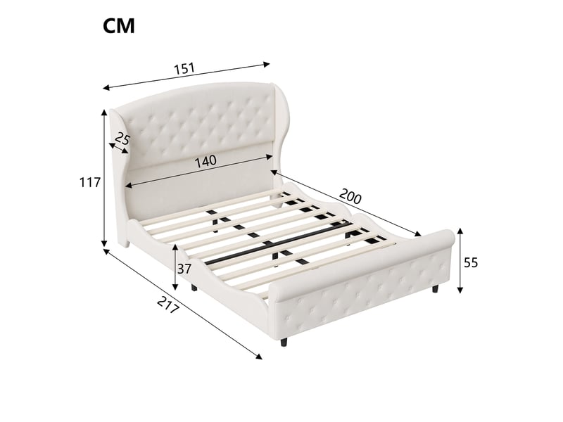  Lit 140x200cm - lit double 140x200 - rembourré velours avec tête &amp; pied capitonnés chesterfield &amp; sommier à lattes - beige  - Conforama E