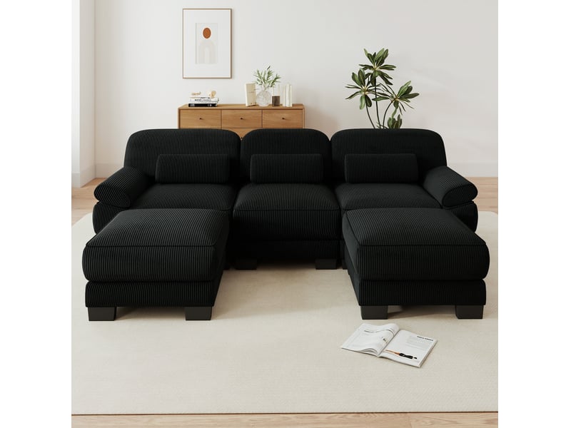  Canapé modulable 3 places tcqpz en u avec 2 poufs 265 x 161 x 94 cm velours côtelé noir  - Conforama B