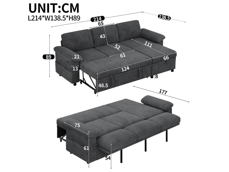  Canapé d'angle convertible réversible avec coffre, dossier réglable et ports usb et type-c en velours côtelé gris  - Conforama C
