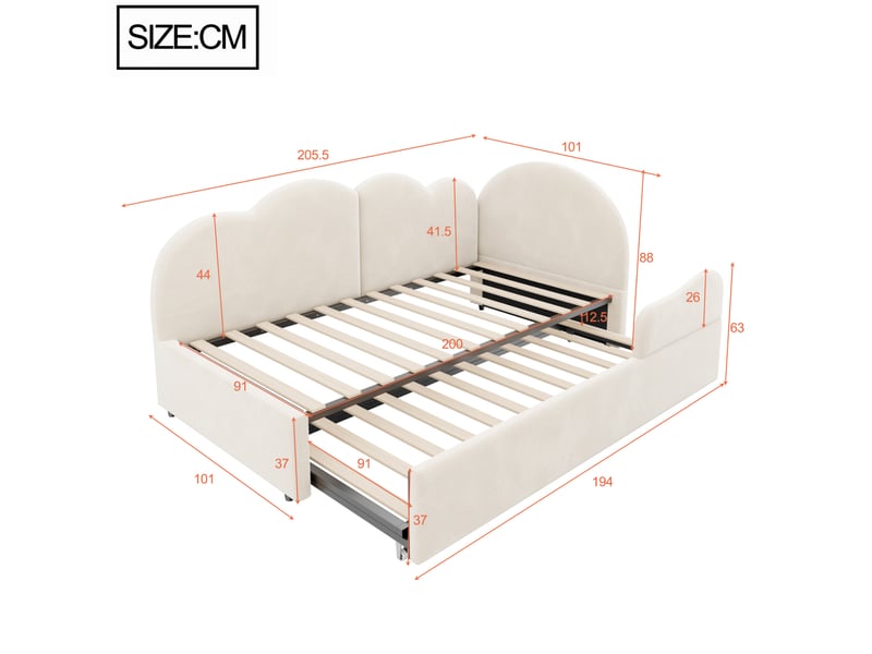  Lit gigogne modenvie en l 90 x 200 cm avec tête de lit forme nuage, velours beige  - Conforama C