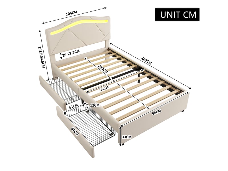 Lit avec rangement 90x200 cm en lin beige avec led, 2 tiroirs et tête de lit réglable - Conforama C