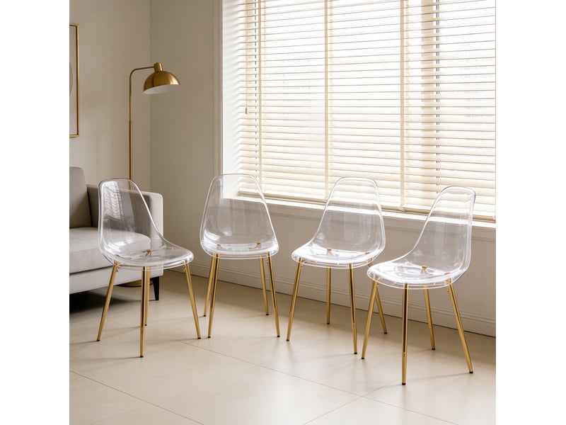  Ensemble repas 5 pièces avec table ronde en verre et 4 chaises en velours, métal doré, style luxe moderne  - Conforama E