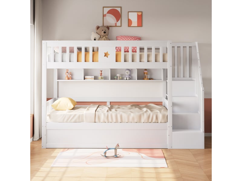  Lit superposé enfant 2 places 90x200 cm avec rangement hydraulique sous lit, escalier de rangement, étagères, garde-corps, pin massif blanc  - Conforama B