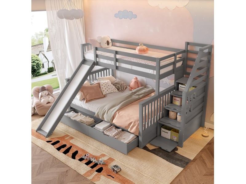 Lit superposé enfant 90x200 et 140x200 cm avec toboggan et tiroirs, gris - Conforama B