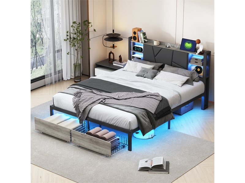  Lit 160x200cm - lit double 160x200cm - lit avec tête de lit led rgb, station de charge et 2 tiroirs - noir et bois vintage  - Conforama C
