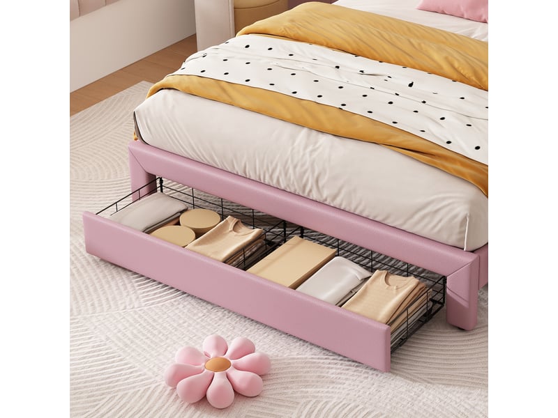 Lit rembourré pour enfants 140x200cm - avec 1 tiroir - tête de lit arc-en-ciel - hauteur de tête de lit réglable - pu - rose (sans matelas) - Conforama W
