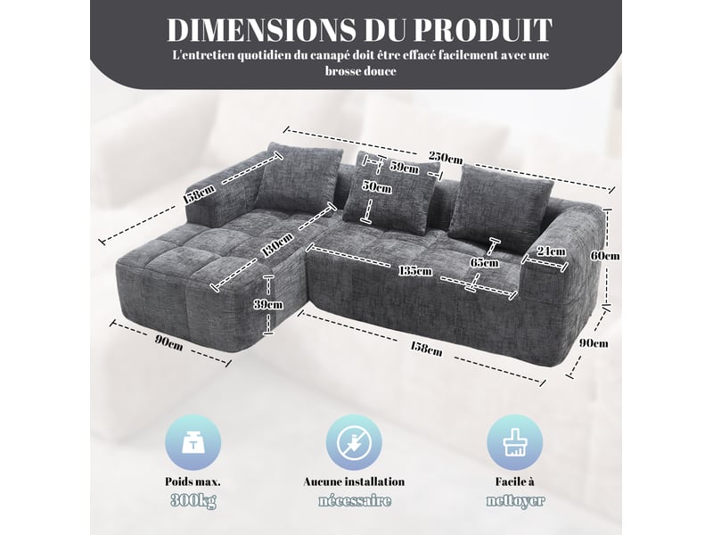 Canapé d'angle modenvie 3 places modulable avec méridienne en chenille gris 250 x 158 cm - Conforama C