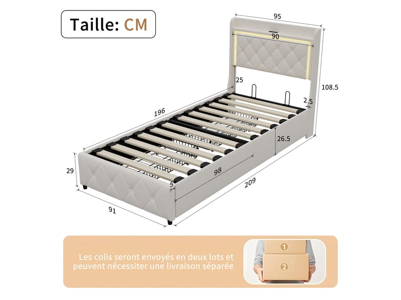  Kefsr lit simple 90x200 cm avec tiroirs de rangement, lit capitonné en velours beige avec tête de lit étagère, led rgb et ports usbtype-c  - Conforama C