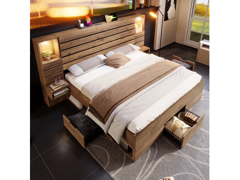  Lit double 180 x 200 cm avec rangements, éclairage led et ports usbtype-c, aspect chêne, sans matelas  - Conforama C