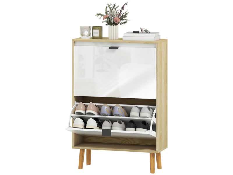  Meuble à chaussures 2 tiroirs rabattables mdf blanc et coloris chêne 60 x 24 x 91 cm  - Conforama B