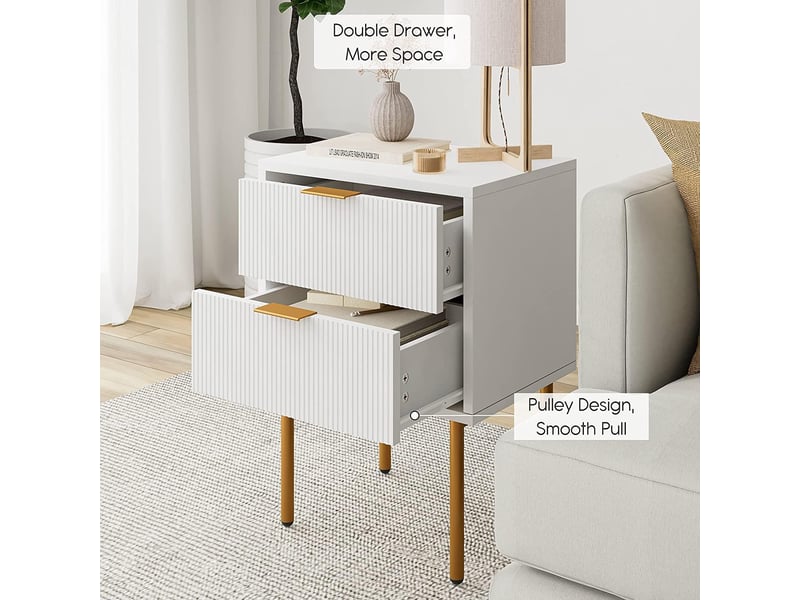 Table de chevet moderne à 2 tiroirs rainurés – rangement compact – pieds métal doré – idéale pour chambre, salon, entrée PHO_0ZGPVKE5 - Conforama E