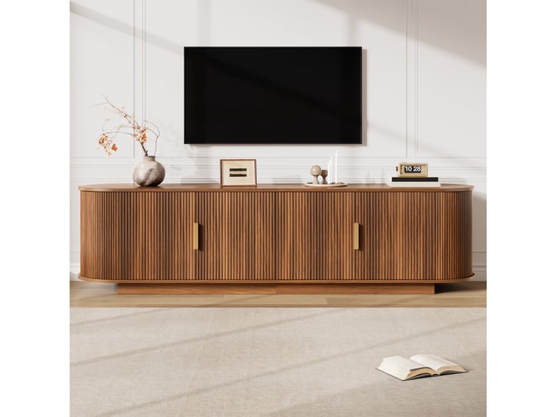  Meuble tv 4 portes avec rangement, portes à structure ondulée, poignées métalliques pour salon, en bois noyer  - Conforama D