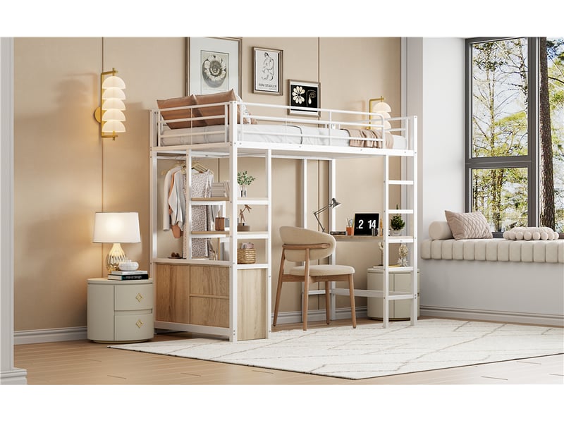 Lit mezzanine 90 × 200 cm, bureau intégré, rangements, prises usb, blanc - Conforama B