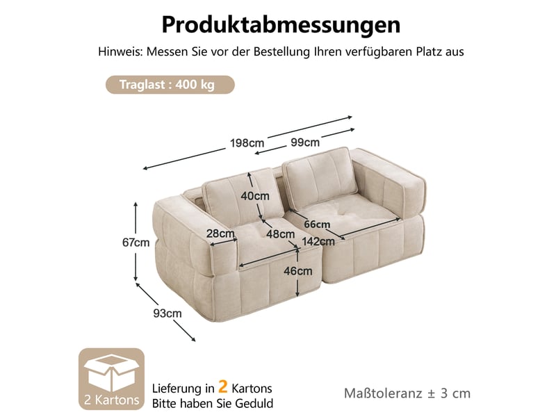  Canapé 2 places modulable 198 cm, assise profonde, mousse haute densité 32d, tissu polyester, sans montage, beige  - Conforama C