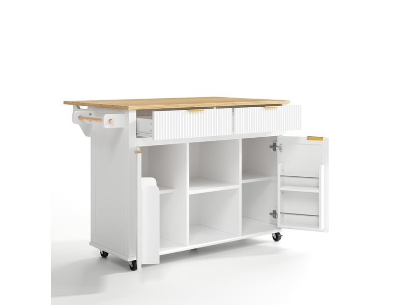  Desserte de cuisine 143 x 45 cm blanc et naturel en mdf, plan de travail rabattable sur roulettes  - Conforama D