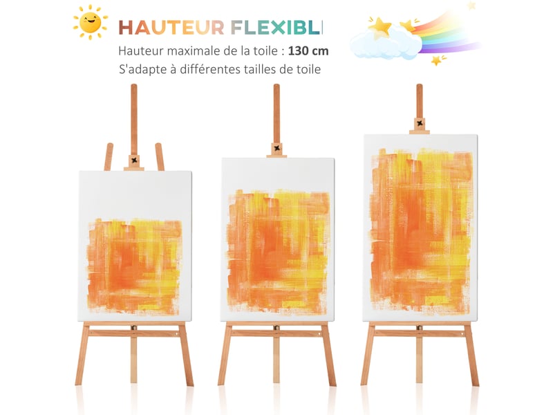  Chevalet d'artiste sur pieds, inclinaison et hauteur réglables, dim. 65l x 44l x 174-230h cm, bois de hêtre clair  - Conforama D