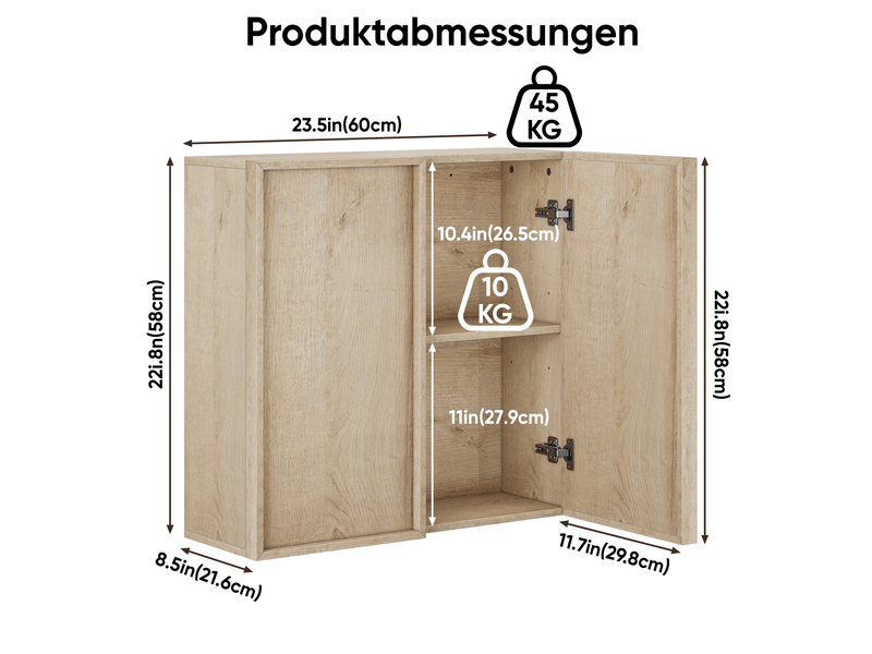  Armoire de salle de bain murale 2 portes sans poignées, rangement fermé, en mdf aspect chêne, 60 × 21,6 × 58 cm  - Conforama E