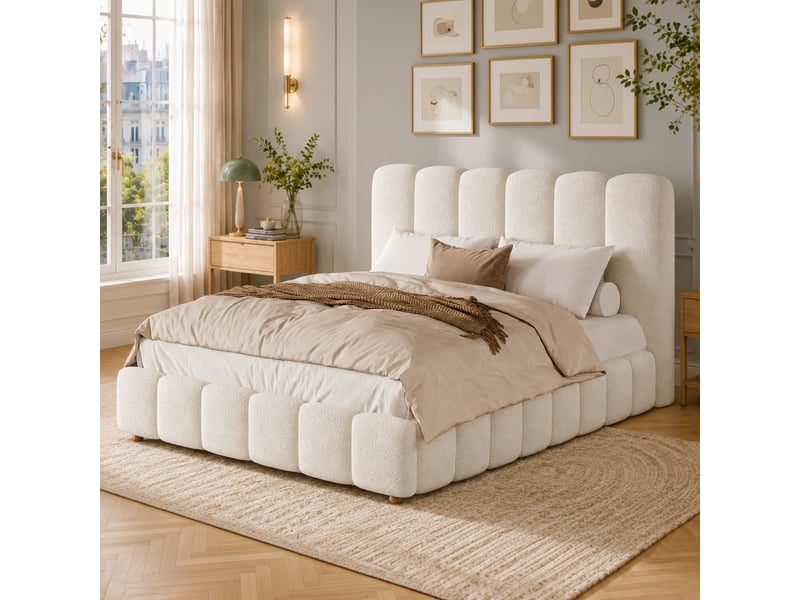 Lit adulte 140 × 200 cm, rangement hydraulique, avec sommier et tête de lit, tissu bouclé, blanc - Conforama D