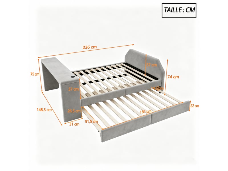 Lit enfant rembourré 140 x 200 cm avec bureau et usb - couchage gigogne, velours gris - Conforama C