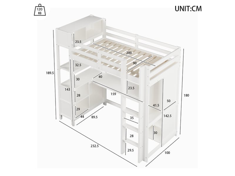  Lit mezzanine avec bureau, armoire, étagères et rangements, blanc, 90x200 cm  - Conforama C