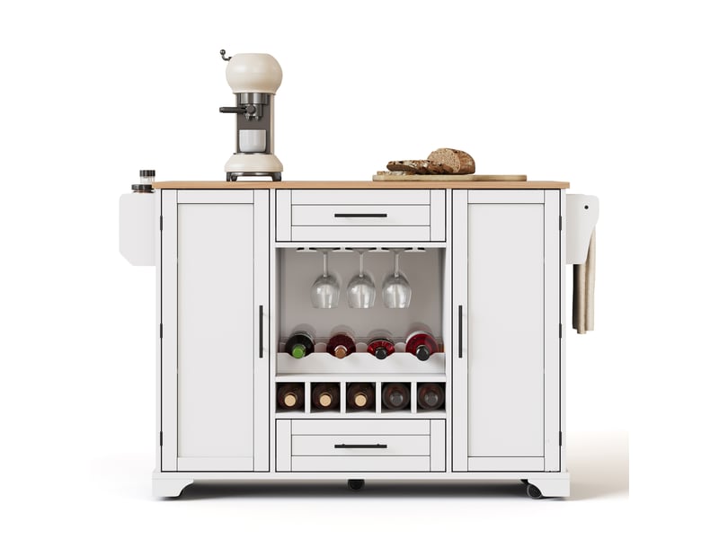  Desserte de cuisine 138x70x92 cm avec plan rabattable, rangements, blanc naturel  - Conforama A