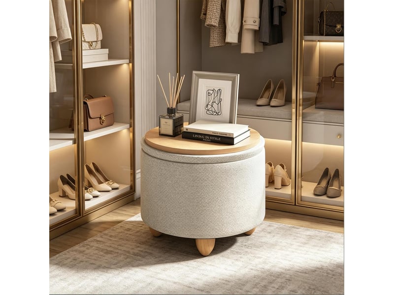  Pouf de rangement rond 39x39x33 cm blanc crème en lin avec plateau réversible et pieds en bois  - Conforama D
