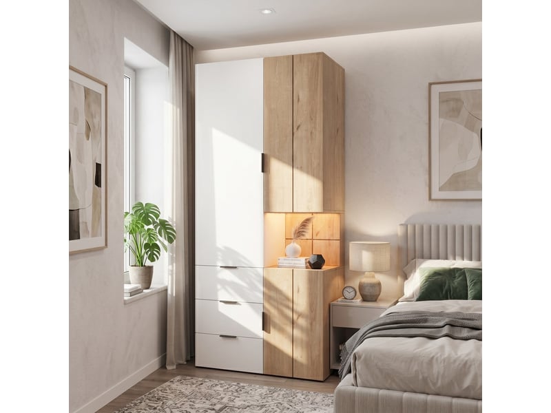  Armoire à portes battantes avec éclairage led et tiroir à bijoux, 90 x 49 x 200 cm, 2 penderies, 4 tiroirs et bandeaux led, design moderne  - Conforama D