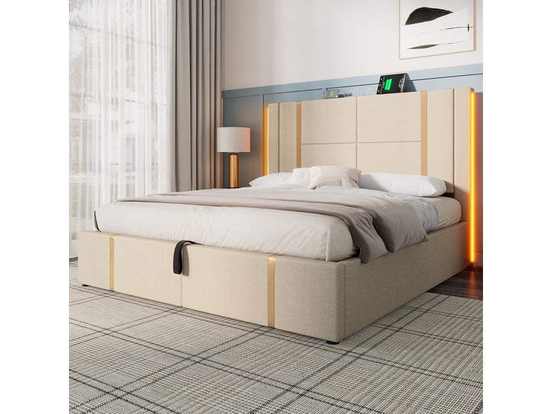 Lit coffre enfant 160x200 cm, led, port usb type-c, tête de lit, sommier, lin beige, matelas inclus - Conforama B