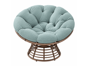 Fauteuil papasan en rotin marron pivotant 360° avec coussin vert clair côtelé