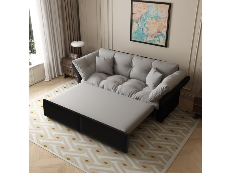  Canapé-lit convertible 3-en-1 2 places 190x85x91 cm, canapé extensible capitonné, couchage 154x203 cm, méridienne, 2 coussins, velours gris clair  - Conforama C