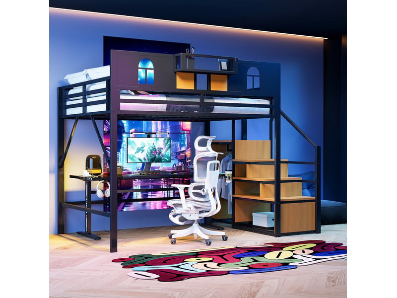  Lit mezzanine enfant 140x200 cm, avec échelle de rangement, fenêtres, garde-corps haut, cadre métal, noir, sans matelas  - Conforama B