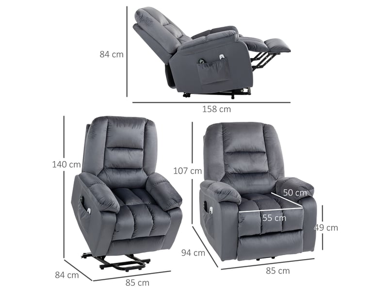  Fauteuil releveur électrique gris avec massage vibrant, chaleur lombaire, inclinaison 135° et repose-pieds  - Conforama C