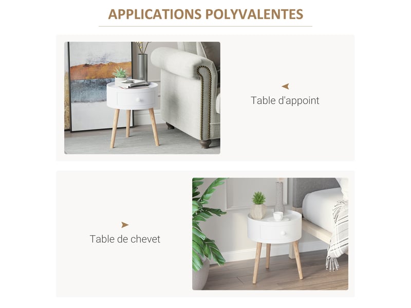  Lot de 2 tables de chevet rondes 38 x 38 x 45 cm tiroir pratique pieds effilés épuré scandinave chambre en mdf blanc 21_0001836  - Conforama D