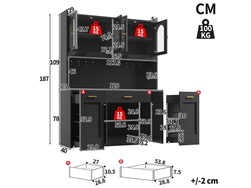  Buffet de cuisine haut 120 cm avec éclairage rgb led, 3 vitrines en verre, tiroirs et étagères coulissantes  - Conforama C