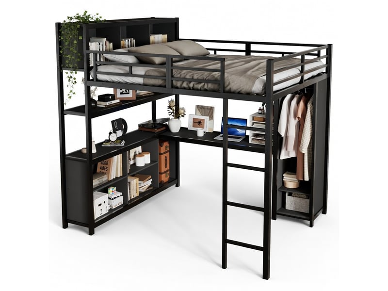  Lit mezzanine en fer noir et bois 140x200 cm avec bureau, rangement, armoire, étagère  - Conforama A