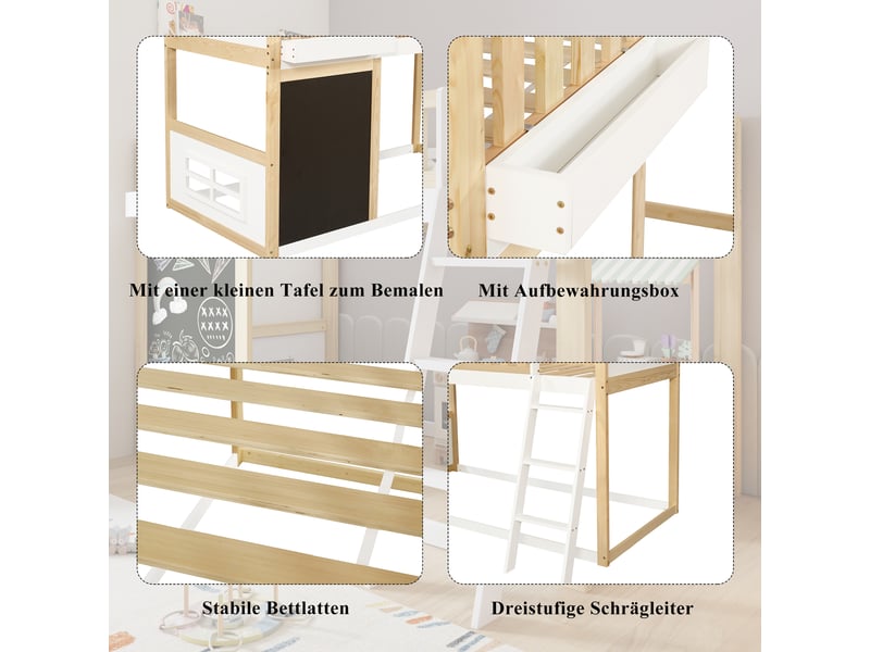  Lit superposé enfant 90x200 cm, structure de lit avec sommier à lattes en pin, blanc + couleur bois naturel, lit simple enfant  - Conforama R