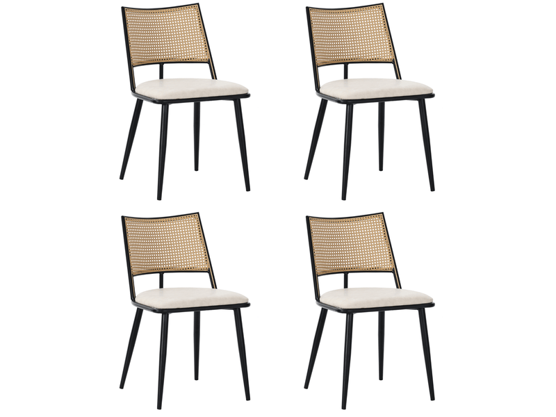  Lot de 4 chaises de salle à manger avec dossier en rotin et assise en pu, noir  - Conforama A