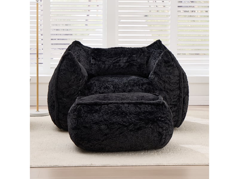  Fauteuil pouf,123x157x73 cm,avec repose-pieds,fausse fourrure,noire  - Conforama D
