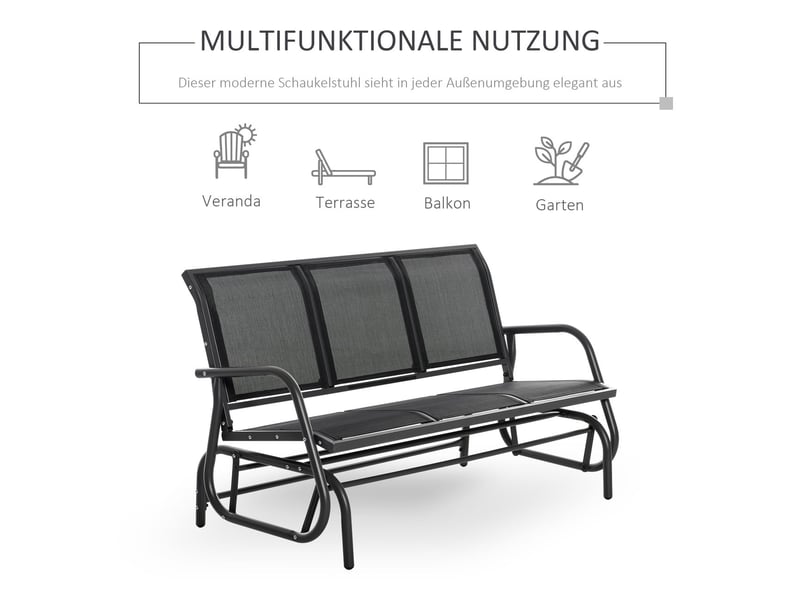  Banc de jardin 3 places 150x80x90, banc d'extérieur à bascule, métal, résistant aux intempéries, noir  - Conforama E