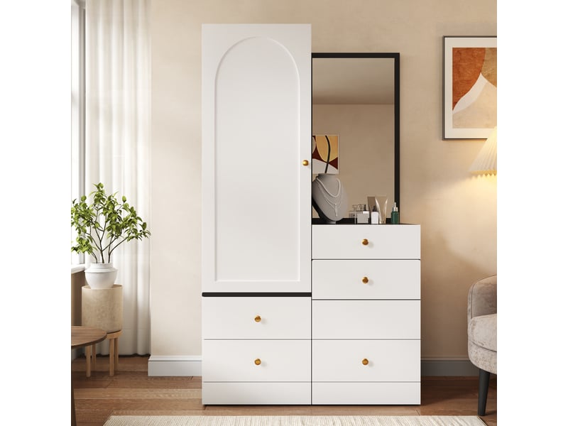  Armoire coiffeuse en mdf avec poignées en fer, miroir en pied, tabouret escamotable, tiroirs compartimentés  - Conforama B