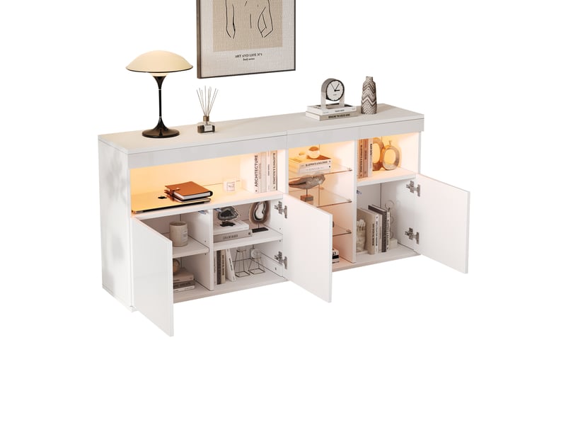  Buffet salon blanc laqué 155 cm avec éclairage led, meuble de rangement 3 portes et étagères en verre  - Conforama W