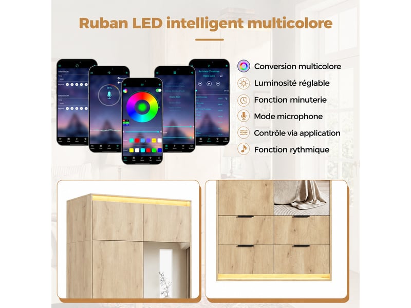 Armoire de chambre 90 x 47 x 200 cm avec led et miroir, 2 portes battantes, 4 tiroirs et penderie, chêne - Conforama E