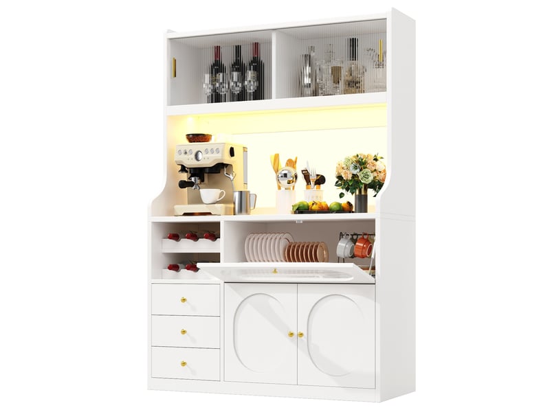  Armoire de cuisine haute 120 cm, led rgb, meuble avec range-bouteilles intégré, blanc (sans matelas).  - Conforama A