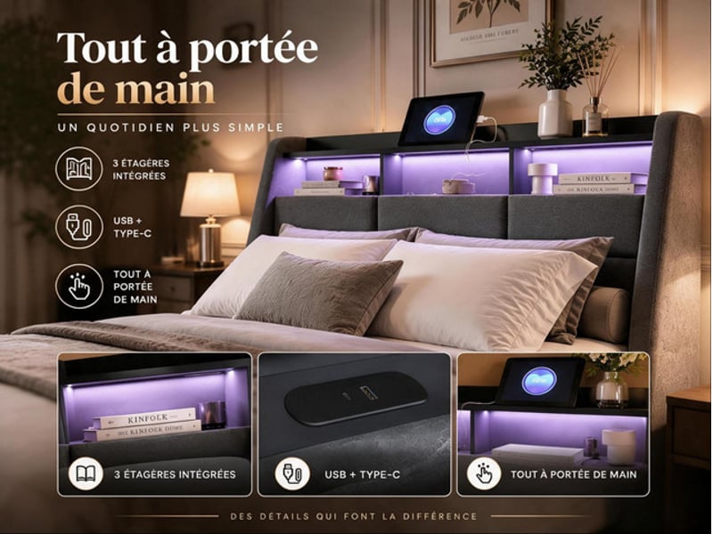 Lit coffre 140x190 cm ezssw, coloris gris - Conforama E