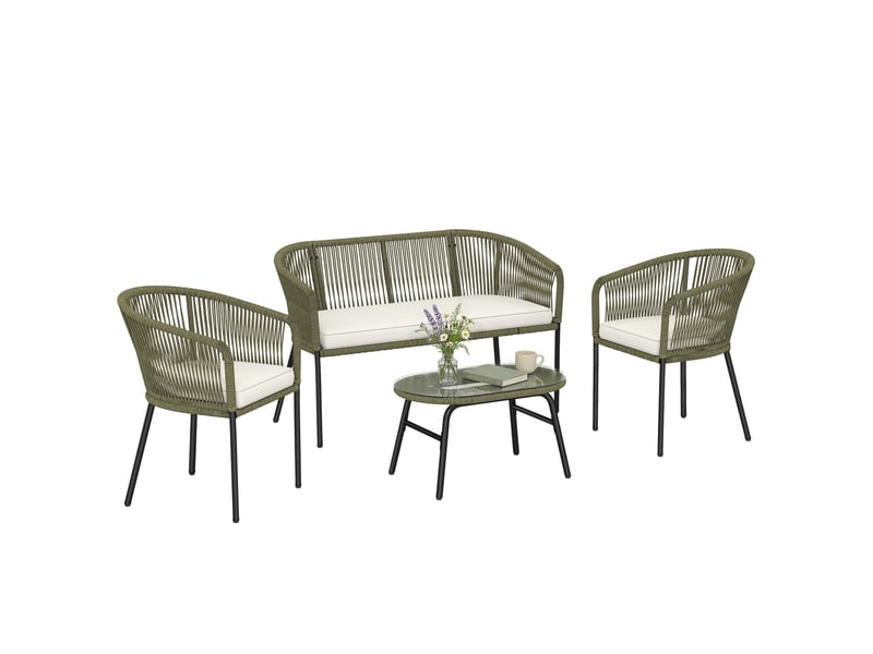  Salon de jardin extérieur 4 pl. Canapé 2 pl. 2 fauteuils et table basse verre trempé pp tressé crème  - Conforama B