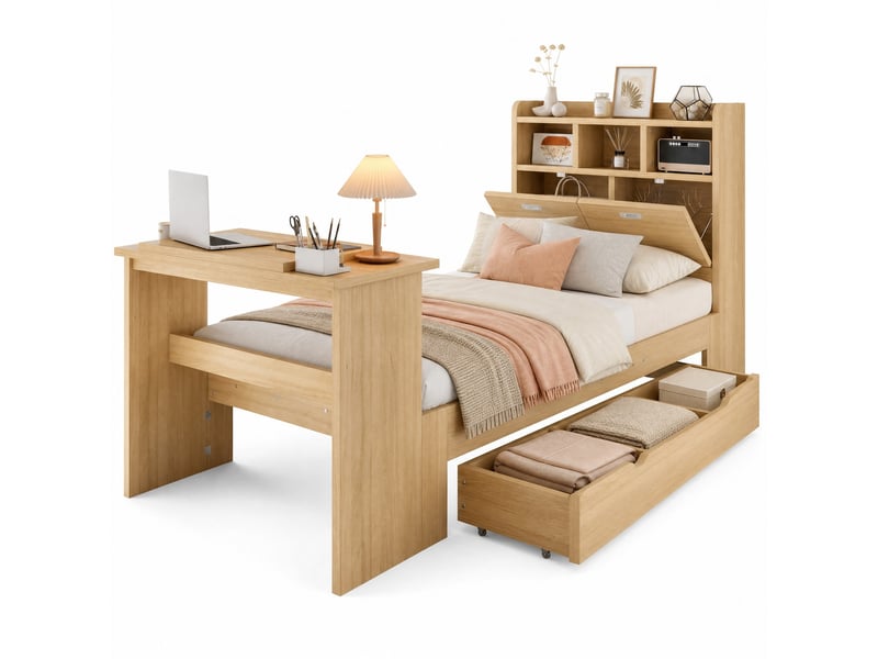 Lit avec rangement 90x200 cm bois naturel, tête de lit avec étagère, tiroir latéral et table rabattable